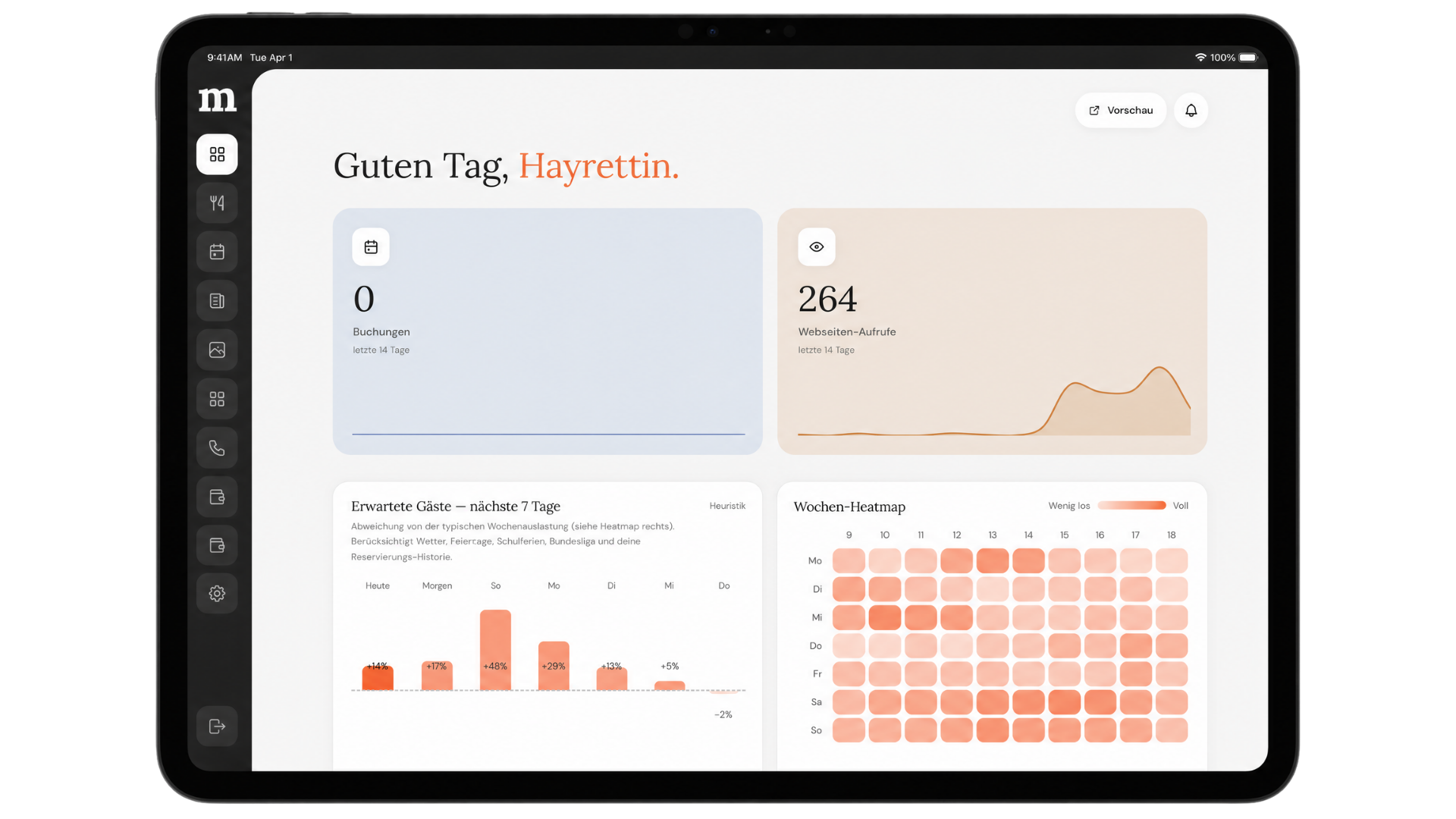 MyGastro Dashboard auf dem Tablet – Reservierungen, Gäste-Statistik und Wochen-Heatmap auf einen Blick